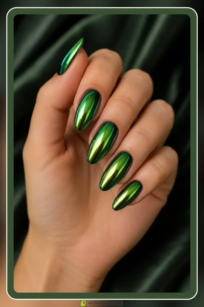 Green Nails Worth Saving: 16 Sets From Mint to Emerald for 2026 33 Green chrome nails with beetle wing metallic shine