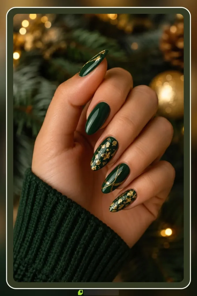 Green Nails Worth Saving: 16 Sets From Mint to Emerald for 2026 49 Green and gold nails with foil accents on emerald base