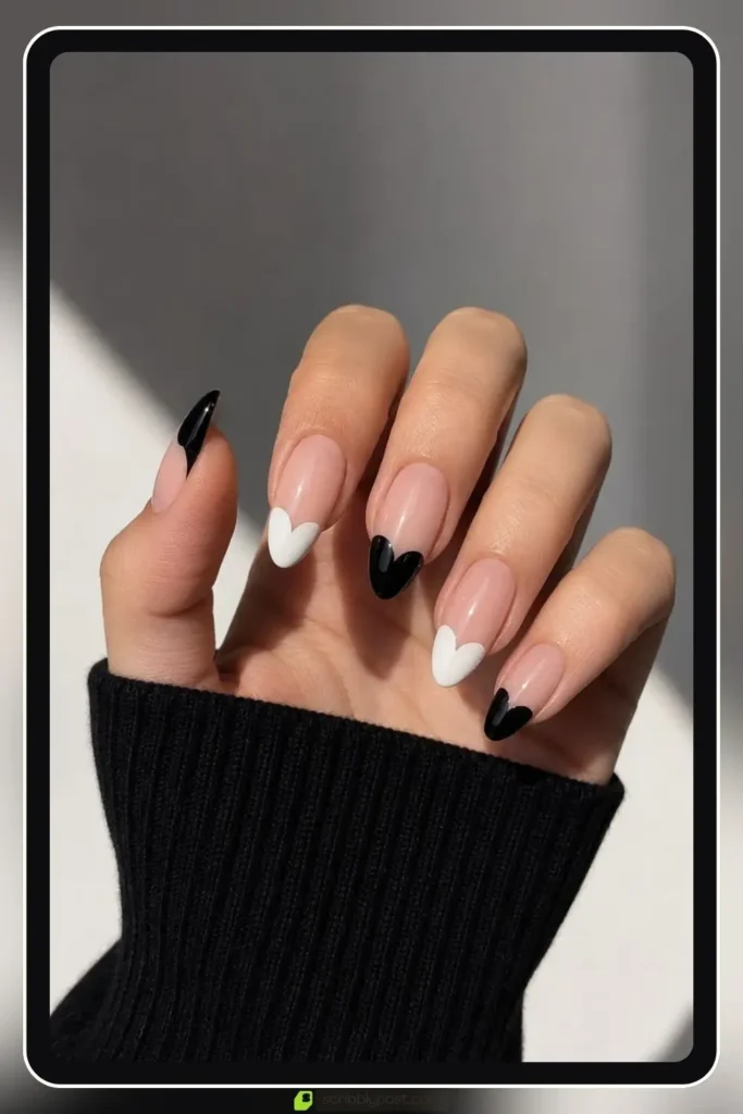 Graduation Nails Worth 40 Photos: 16 Sets to Try in 2026 49 Heart tip graduation nails in bold black and white contrast