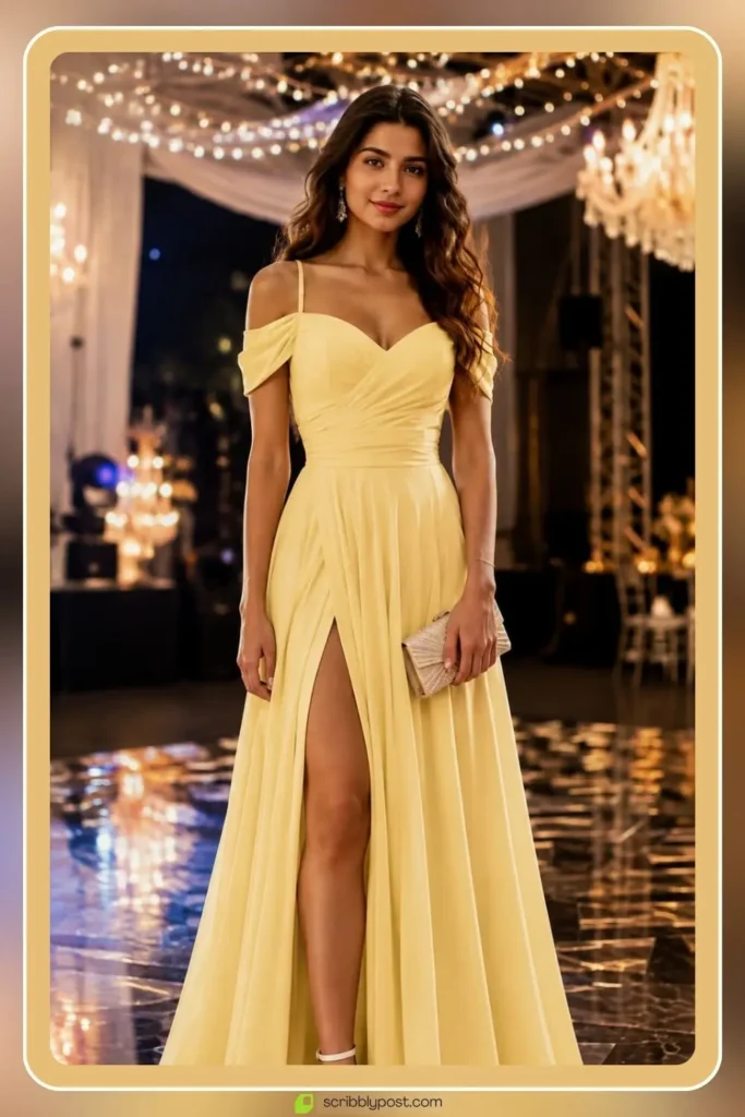 Yellow Dresses for Every Occasion: 16 Shades From Butter to Marigold in 2026 21 High slit a line yellow prom dress with dance floor movement