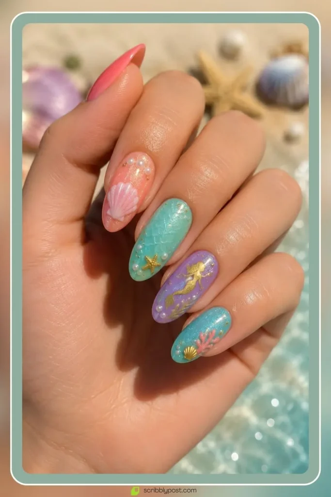 Mermaid Nails Decoded: 16 Ocean-Inspired Sets for 2026 17 Little mermaid nails inspired by coral reef bright colors
