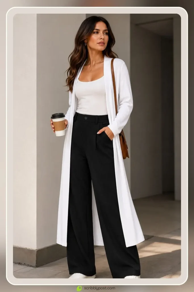 White Sweater Outfits: 16 Ways to Style the Piece That Goes With Everything 45 Longline white duster cardigan over outfit coat alternative