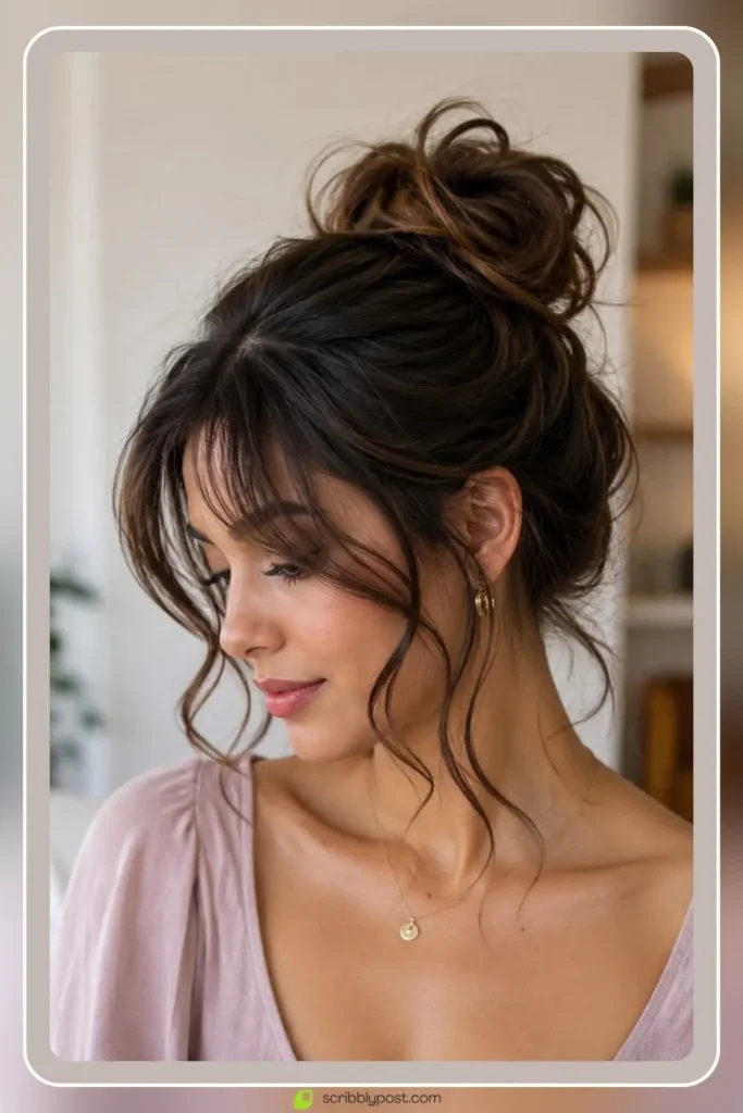 Messy Buns for Every Hair Type: The Loop Technique Plus 15 Ways to Wear It in 2026 13 Loose messy bun with curled bangs framing the face