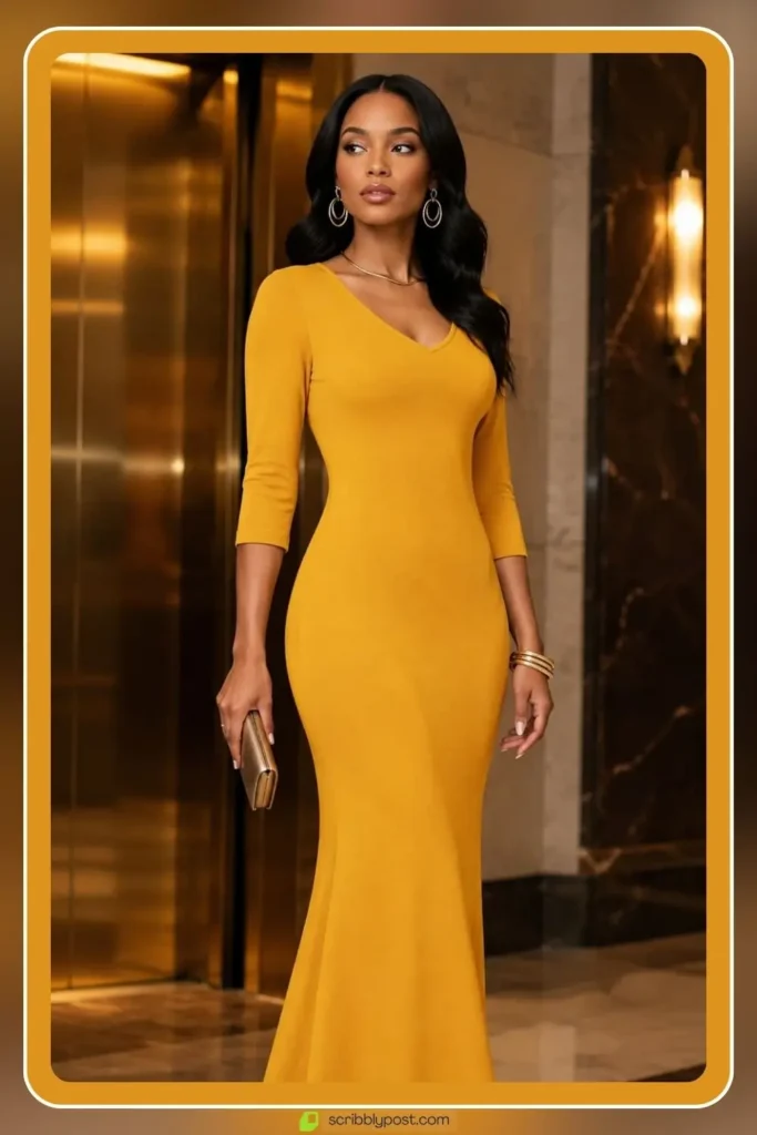 Yellow Dresses for Every Occasion: 16 Shades From Butter to Marigold in 2026 13 Marigold yellow wedding guest dress in deeper warm tone