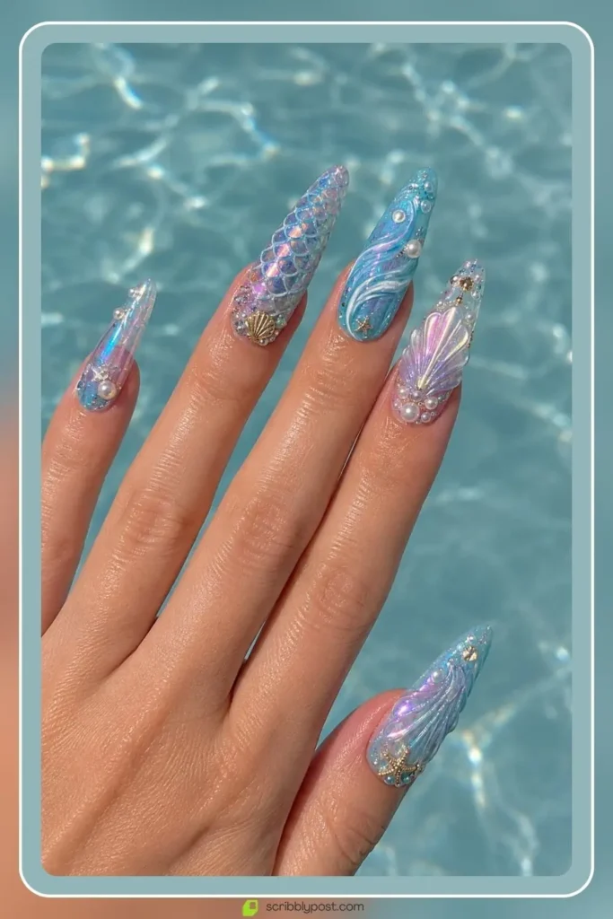 Mermaid Nails Decoded: 16 Ocean-Inspired Sets for 2026 57 Mermaid acrylic nails in long sculpted ocean themed extension