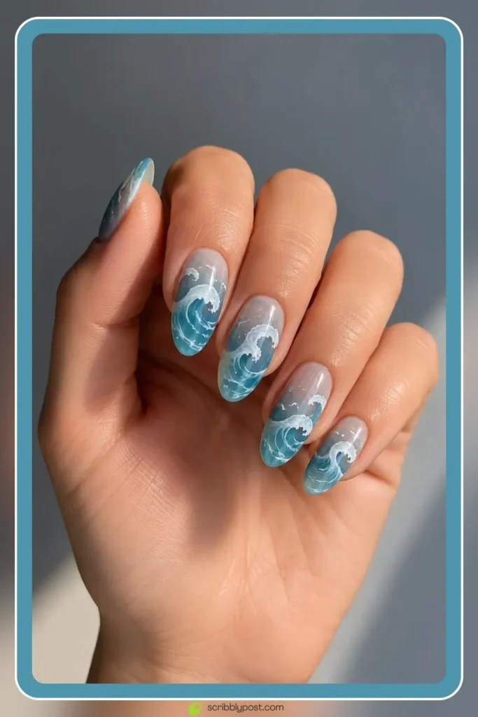 Mermaid Nails Decoded: 16 Ocean-Inspired Sets for 2026 25 Mermaid nails design with hand painted wave line art