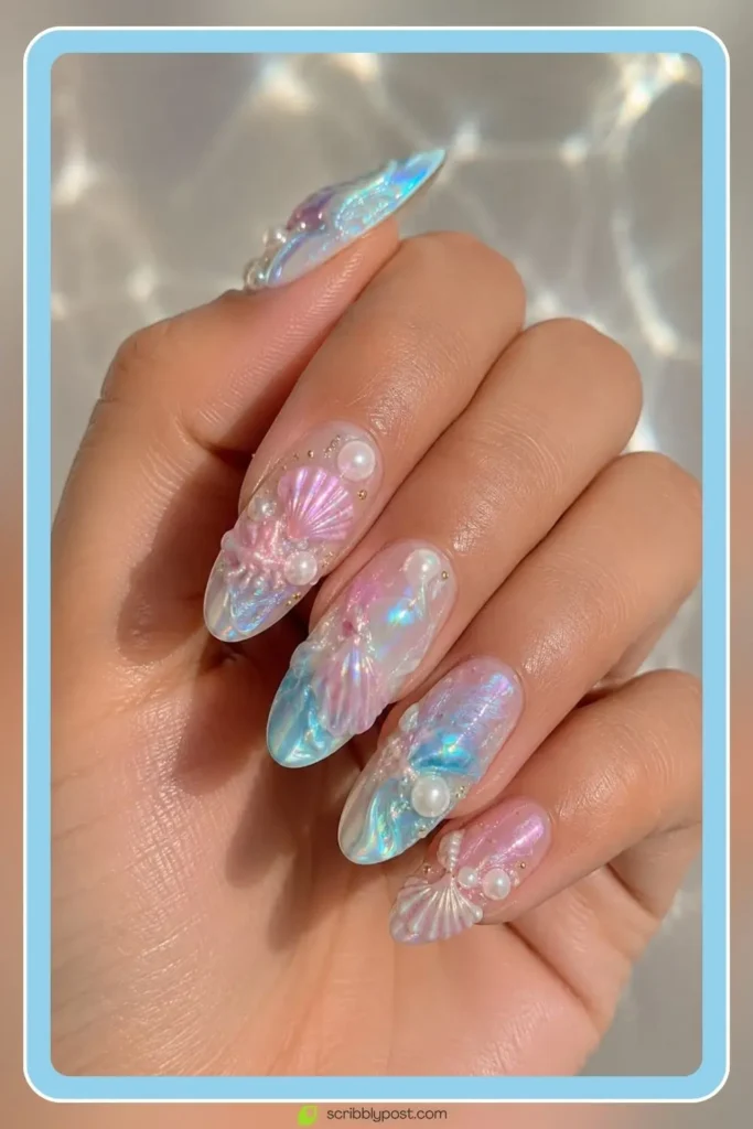 Mermaid Nails Decoded: 16 Ocean-Inspired Sets for 2026 29 Mermaid seashell 3D nails with sculpted dimensional shell art