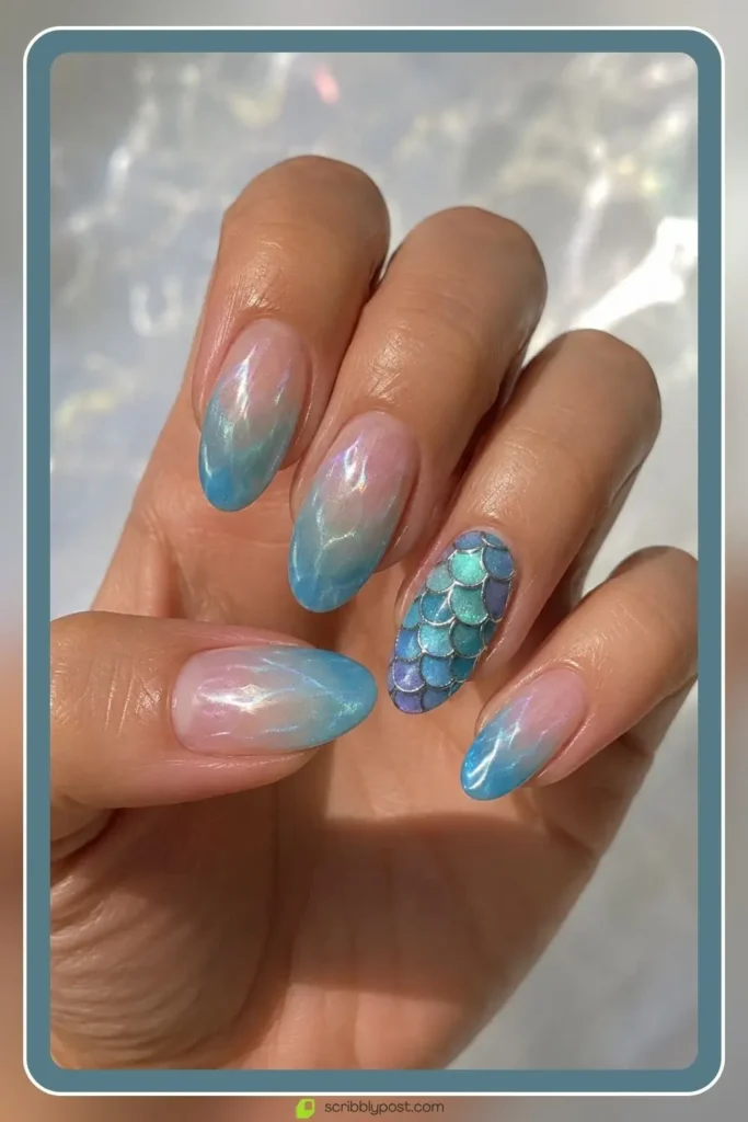 Mermaid Nails Decoded: 16 Ocean-Inspired Sets for 2026 33 Mermaid tail nails with scale pattern art on accent nail