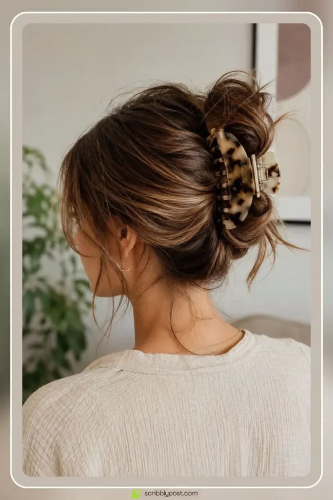 Messy Buns for Every Hair Type: The Loop Technique Plus 15 Ways to Wear It in 2026 45 Messy bun secured with a large claw clip instead of elastic