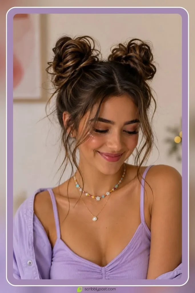 Messy Buns for Every Hair Type: The Loop Technique Plus 15 Ways to Wear It in 2026 33 Messy double buns positioned high with playful volume