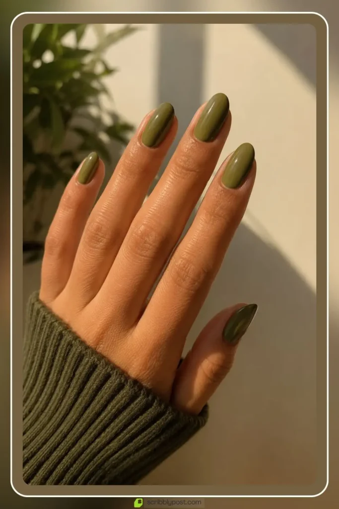 Green Nails Worth Saving: 16 Sets From Mint to Emerald for 2026 17 Olive green nails in warm earthy solid