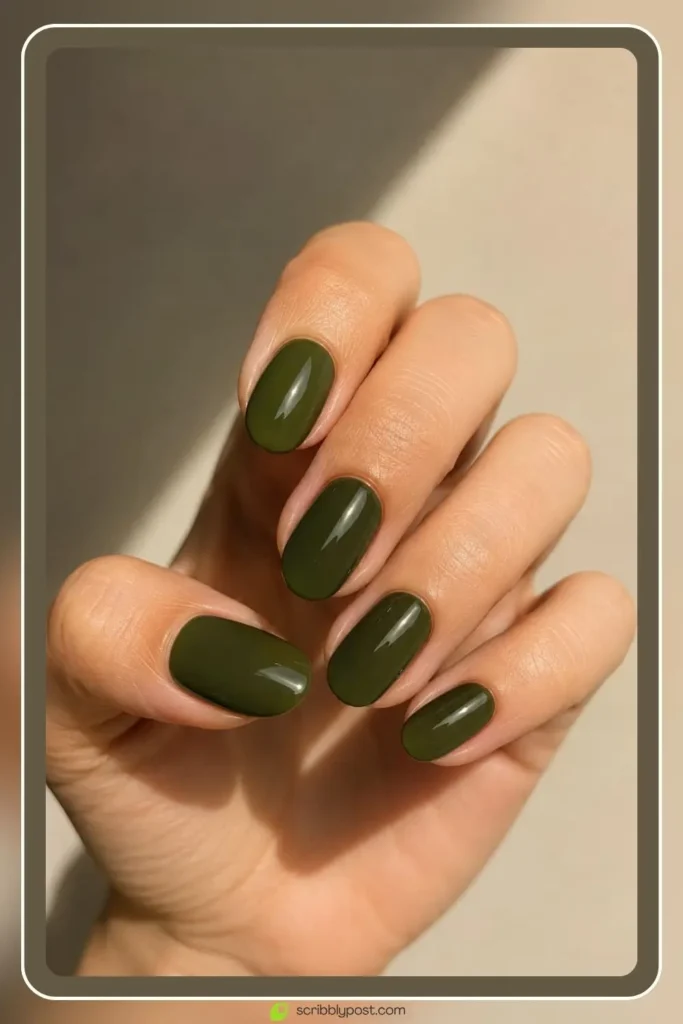 September Nails: The Only Month Where the Birthstone and the Trend Are the Same Color 53 Deep olive green nails in earthy september finish