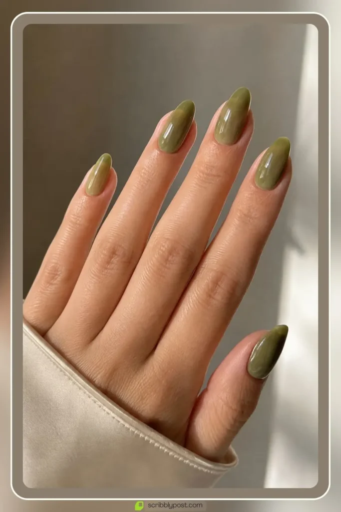 Olive green jelly nails in sheer office appropriate finish