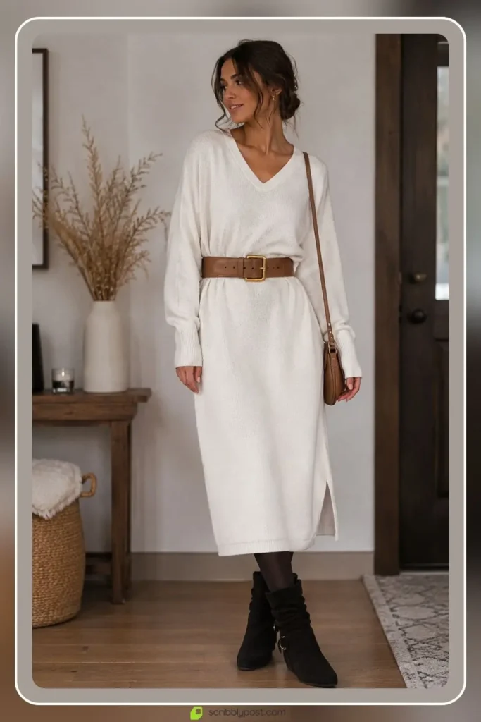 White Sweater Outfits: 16 Ways to Style the Piece That Goes With Everything 53 Oversized white sweater dress cinched with belt shaped outfit