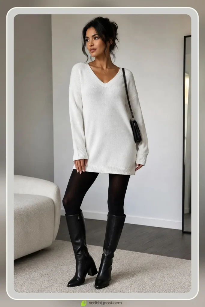 White Sweater Outfits: 16 Ways to Style the Piece That Goes With Everything 33 Oversized white sweater worn as a mini dress with boots outfit
