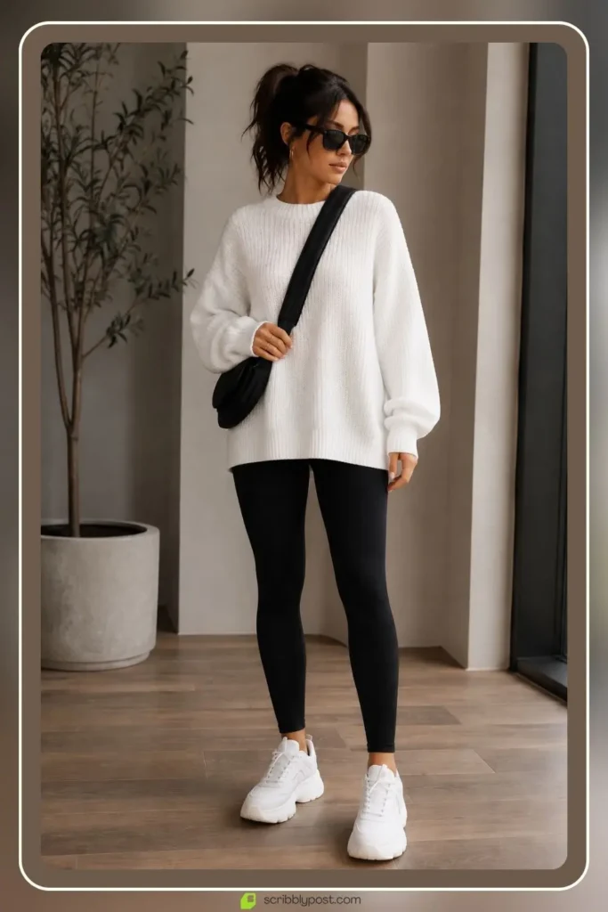 White Sweater Outfits: 16 Ways to Style the Piece That Goes With Everything 21 Oversized white sweater with black leggings cozy casual outfit