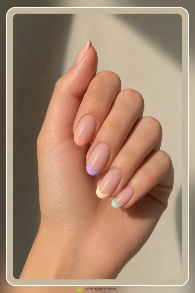 Pastel French tip nails in soft peach and lavender finish for high school