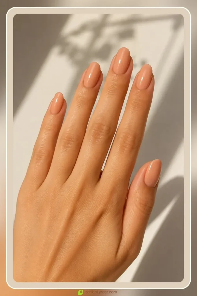 Engagement Nails for Every Ring Selfie: 16 Sets Worth the Wait in 2026 25 Peachy nude engagement nails with warm glowing tone