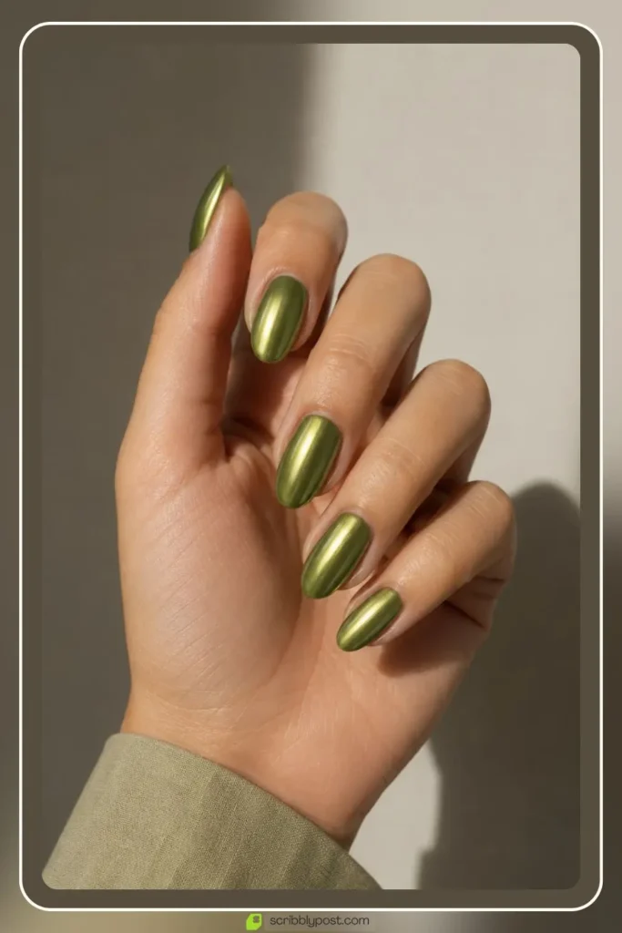 Peridot chrome nails in soft yellow green mossy finish