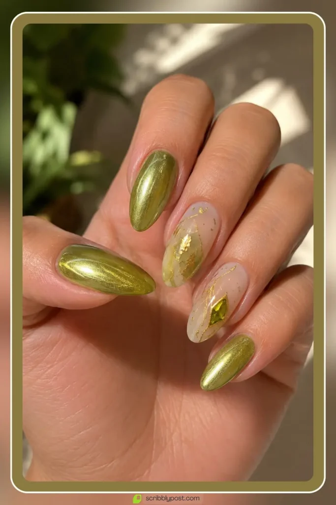Peridot and gold nails for august birthday celebration