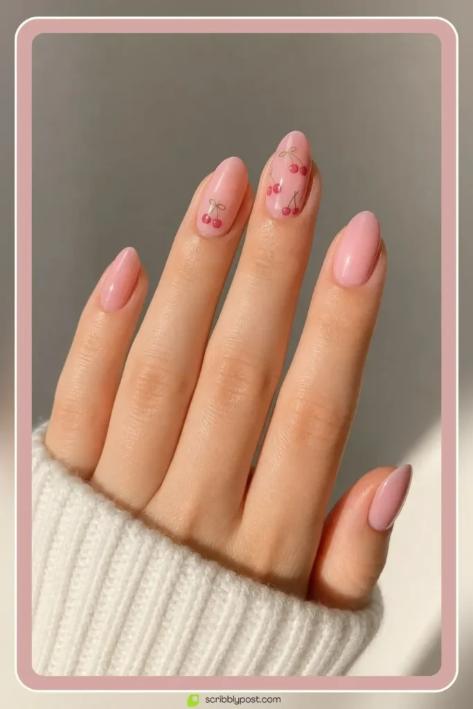 Cherry Nails Decoded: The Three Trends Hiding in One Name for 2026 45 Pink cherry nails with soft pink base and cherry accents