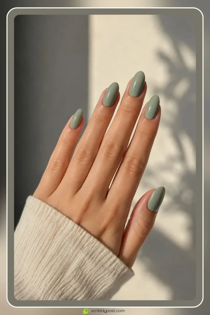 Green Nails Worth Saving: 16 Sets From Mint to Emerald for 2026 1 Sage green nails in muted soft solid on almond shape