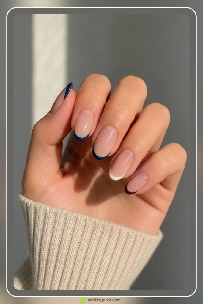 School color French tip accent nails in navy and cream preppy finish