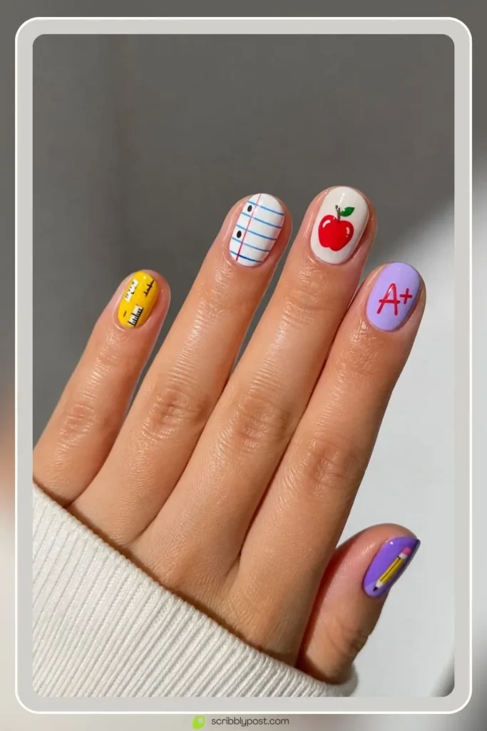 School supply menagerie nails in colorful pencil apple notebook finish