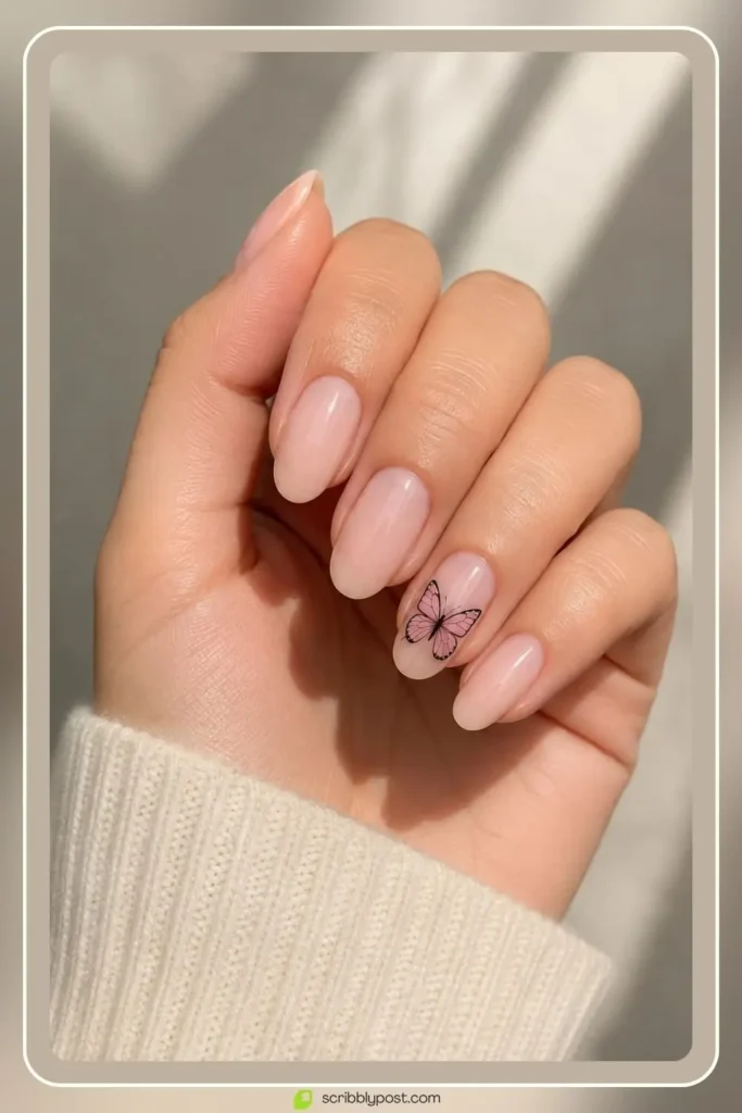 Butterfly Nails Explained: The Technique Plus 15 Designs for 2026 1 Butterfly nails with single tiny wing accent on ring finger