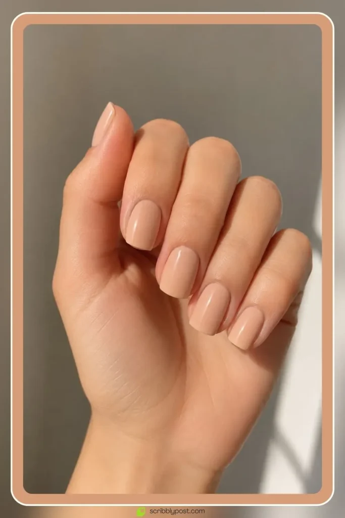 Soft nude squoval nails in warm beige finish for back to school