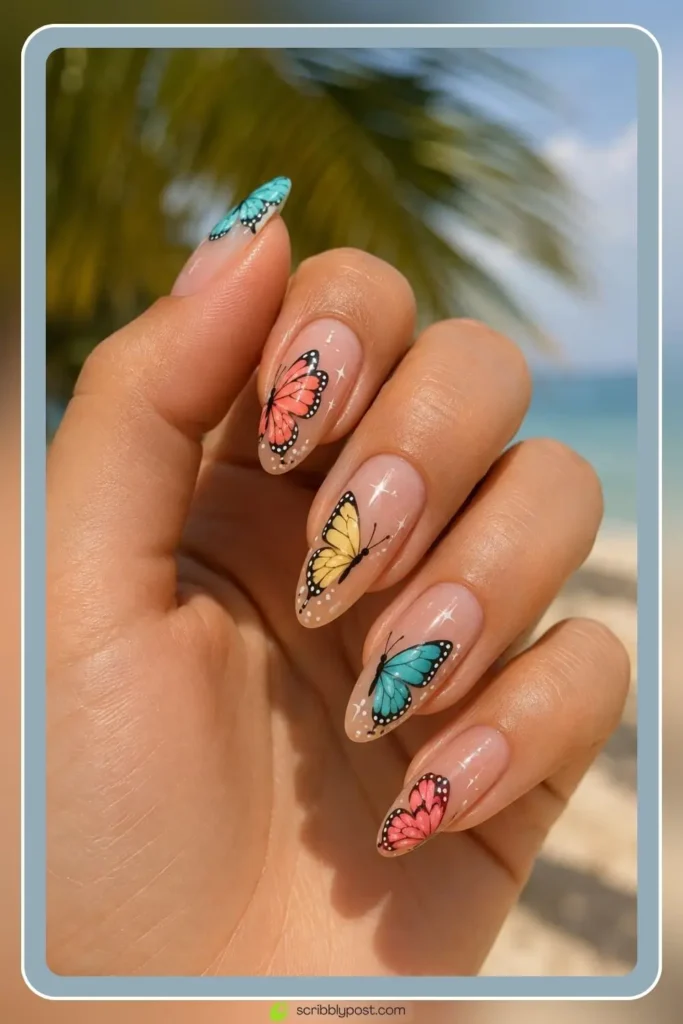 Butterfly Nails Explained: The Technique Plus 15 Designs for 2026 57 Summer butterfly nails with bright colorful wing accents