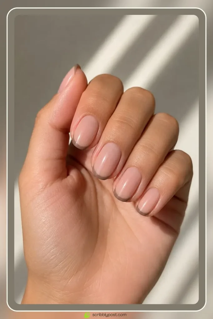 Taupe micro French tip nails in understated professional finish