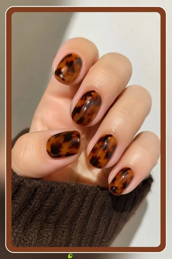 Tortoiseshell classic nails in warm moody brown amber finish for school