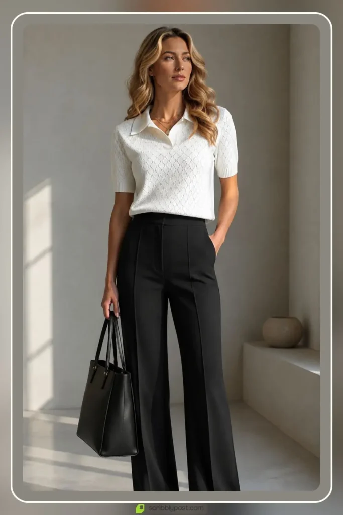White Sweater Outfits: 16 Ways to Style the Piece That Goes With Everything 5 White collared sweater with tailored trousers polished outfit