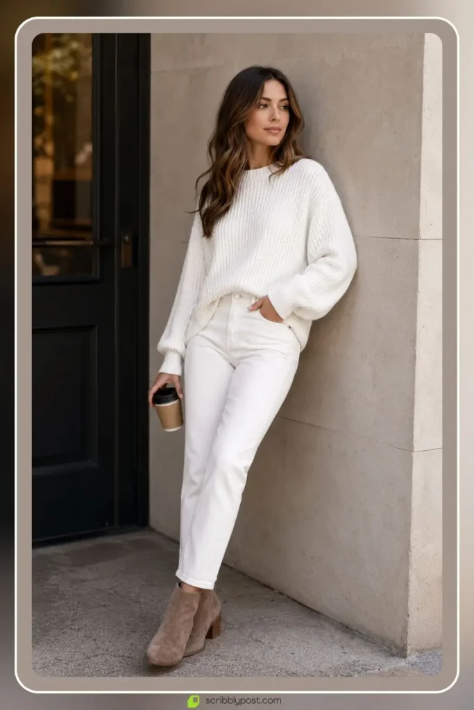 White Sweater Outfits: 16 Ways to Style the Piece That Goes With Everything 17 White sweater and white jeans monochrome winter outfit