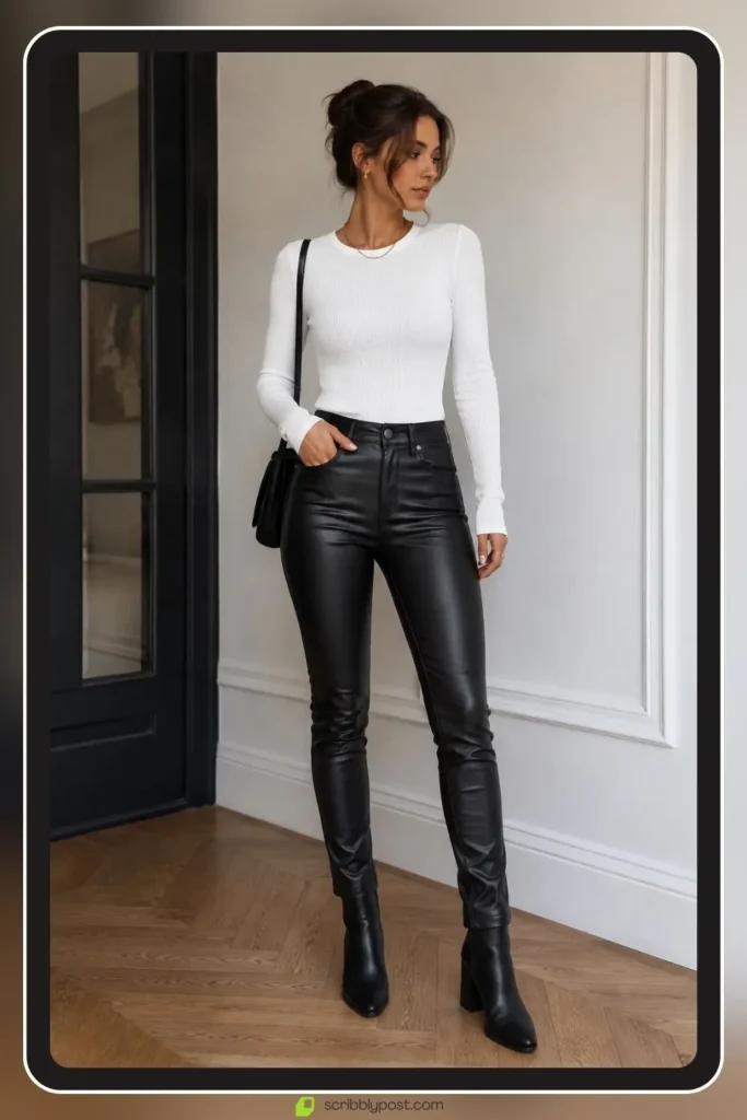 White Sweater Outfits: 16 Ways to Style the Piece That Goes With Everything 13 White sweater with black leather pants contrast texture outfit
