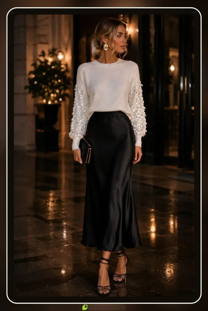 White Sweater Outfits: 16 Ways to Style the Piece That Goes With Everything 57 White sweater with sparkle detail evening going out outfit