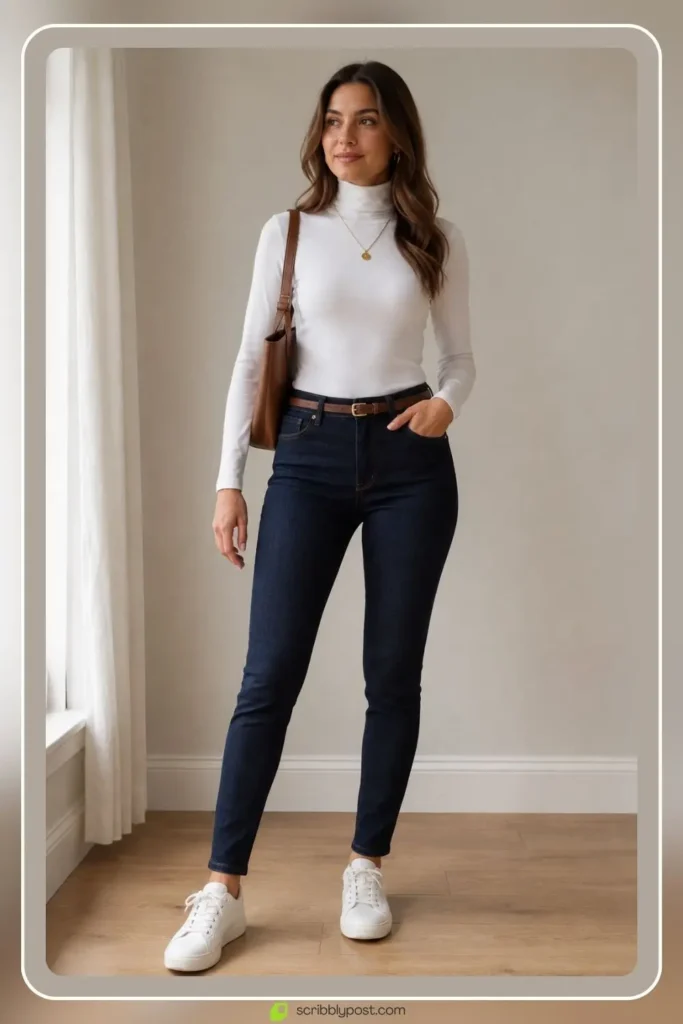 White Sweater Outfits: 16 Ways to Style the Piece That Goes With Everything 1 White turtleneck sweater with dark denim jeans classic outfit