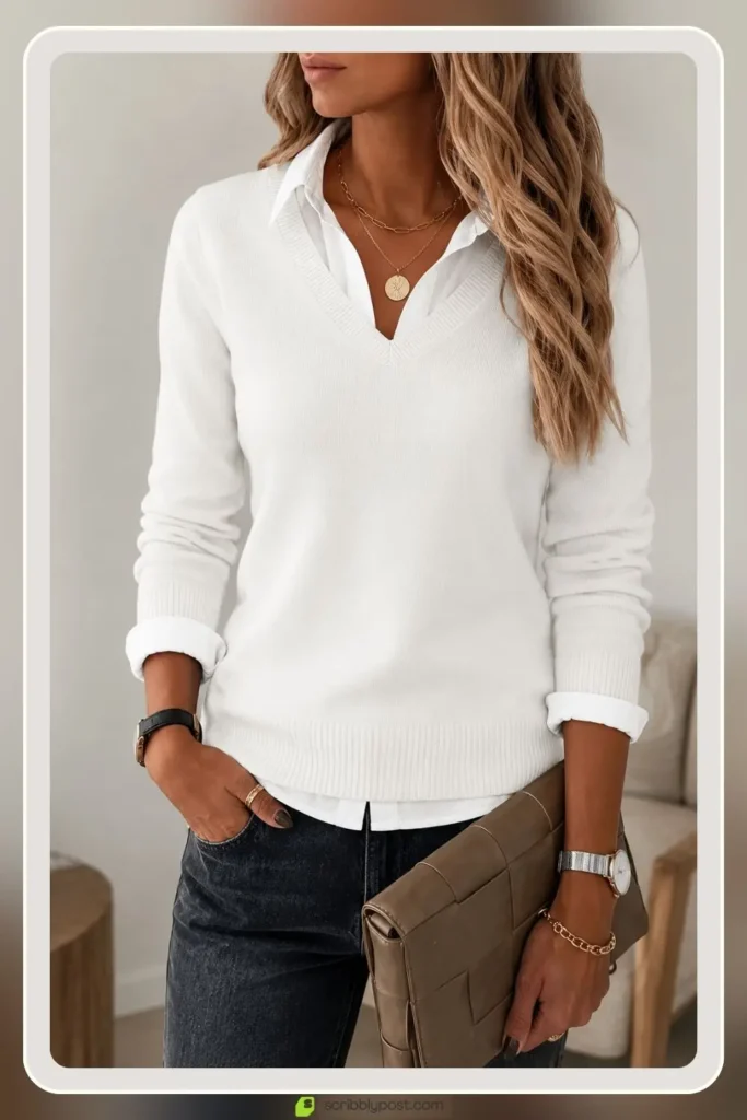 White Sweater Outfits: 16 Ways to Style the Piece That Goes With Everything 9 White V-neck sweater layered over collared shirt preppy outfit