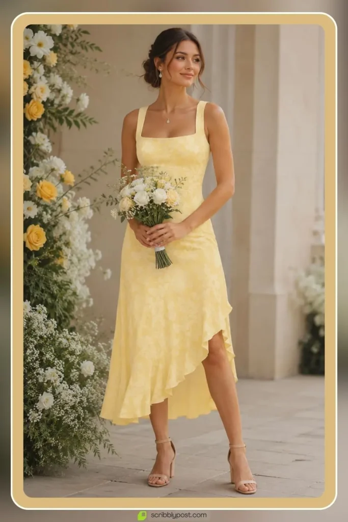 Yellow Dresses for Every Occasion: 16 Shades From Butter to Marigold in 2026 33 Yellow bridesmaid midi dress in coordinated warm tone