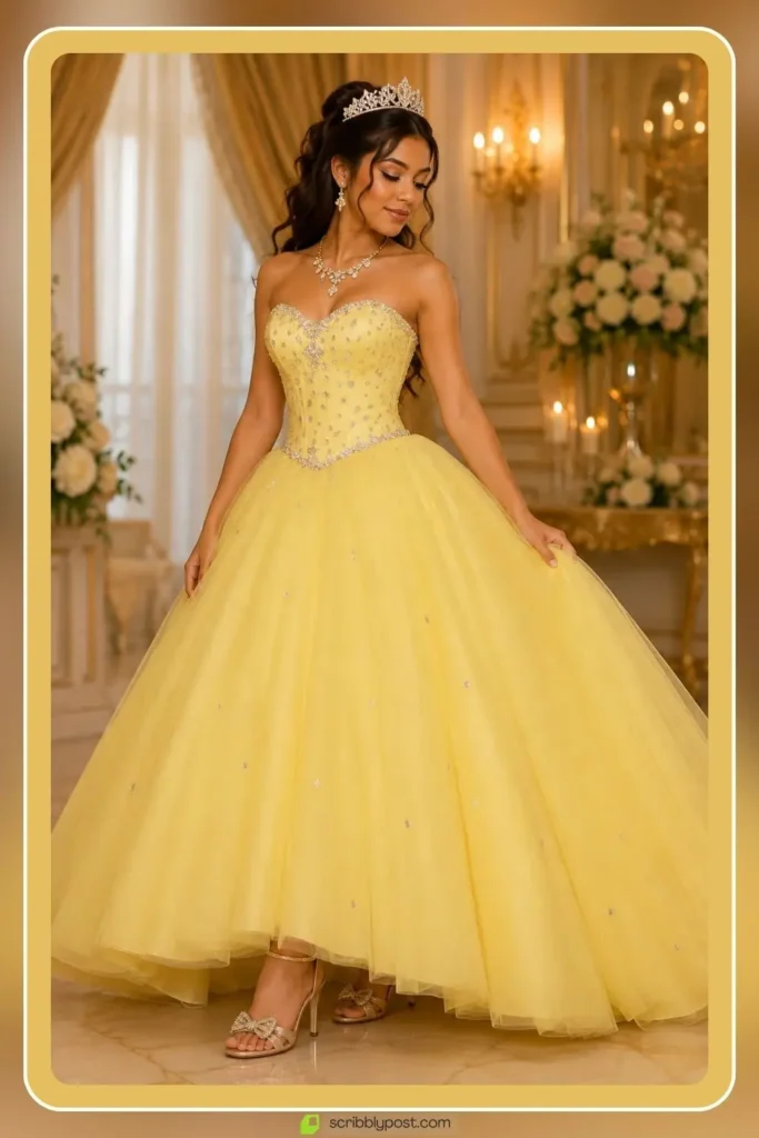Yellow Dresses for Every Occasion: 16 Shades From Butter to Marigold in 2026 41 Yellow quinceanera dress in full formal ballgown style