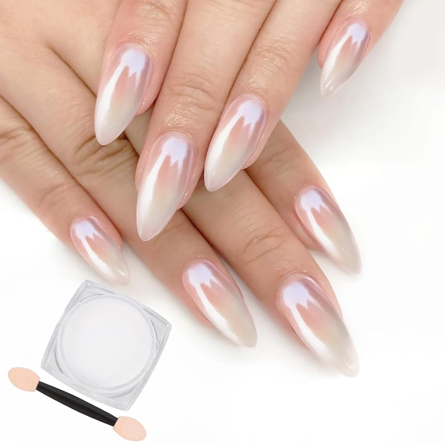 Pearl chrome powder for clean girl back to school nail finish