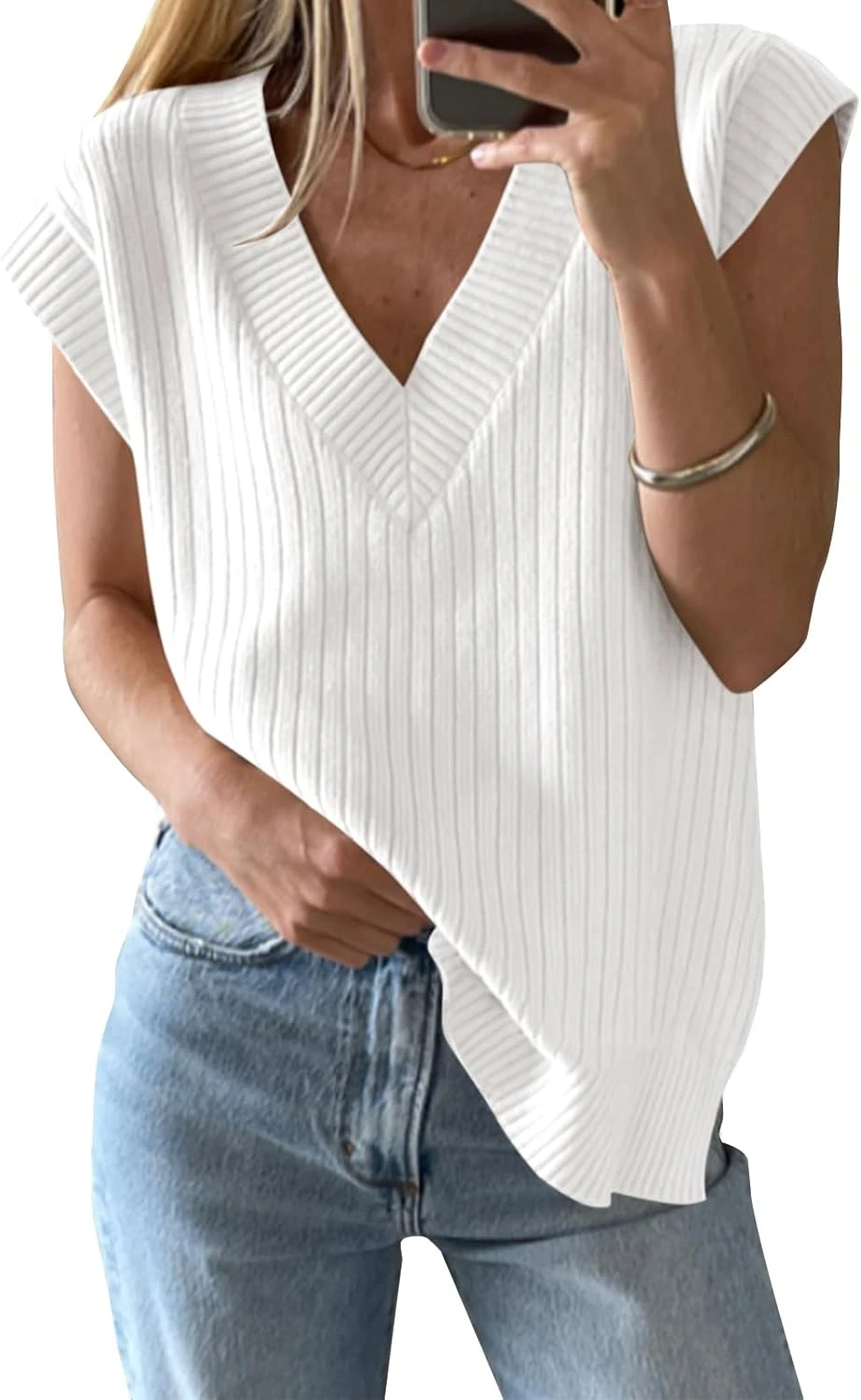 White Sweater Outfits: 16 Ways to Style the Piece That Goes With Everything 62 Boxy white sweater vest for blouse layering outfit