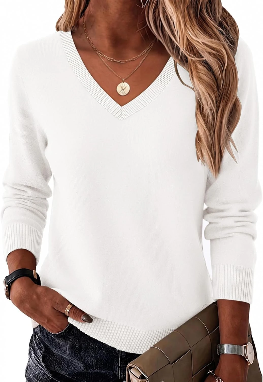 White Sweater Outfits: 16 Ways to Style the Piece That Goes With Everything 10 White V-neck sweater for collared shirt layering outfit