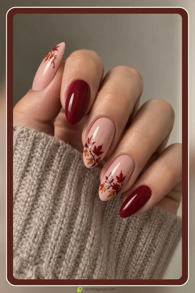 Burgundy and nude fall nails art design with a painted leaf on the accent nail