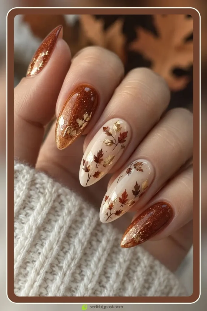 Matte earth tone fall nails with small gold bead accents at the cuticle