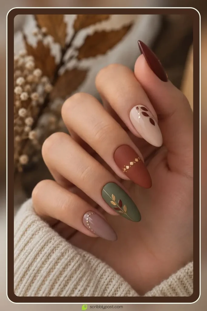 Matte earth tone fall nails with small gold bead accents at the cuticle
