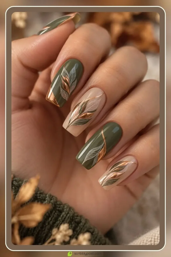 Olive, copper and beige fall inspired nails with a leaf accent