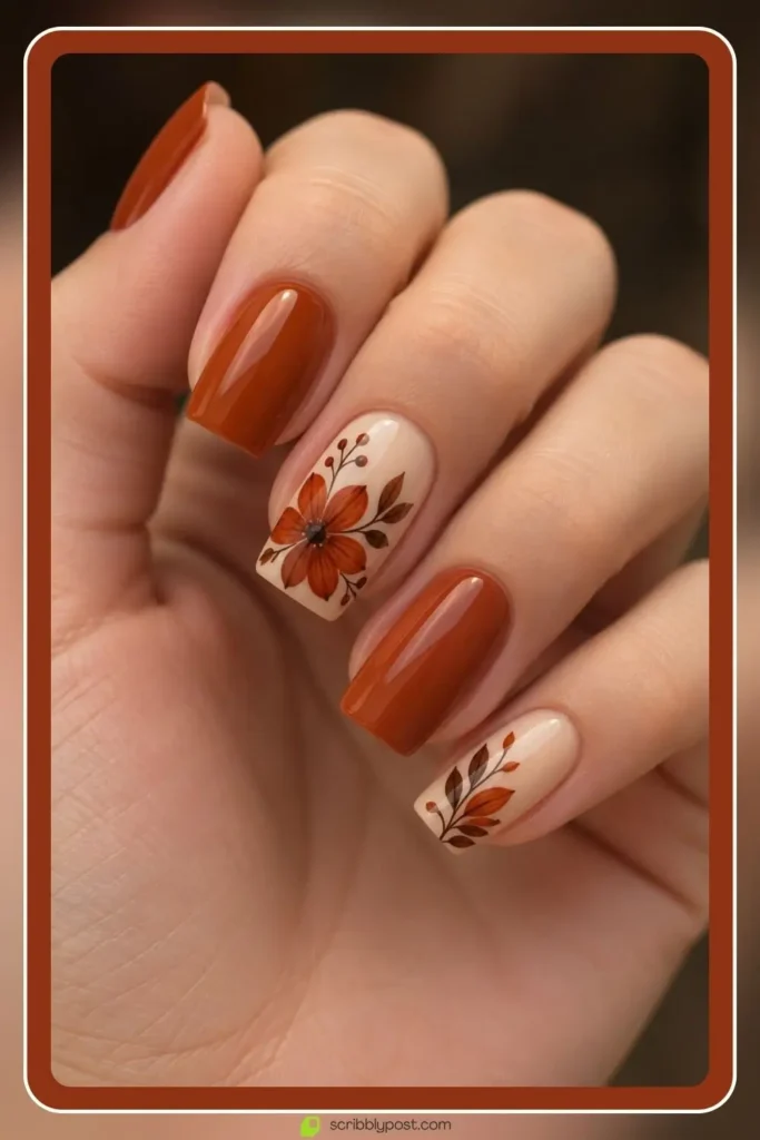 Rust and cream fall nails designs with small painted florals