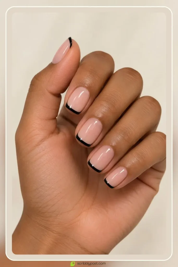 The Halloween Nail Scale: Five Levels from Nobody Would Know to Full Spooky 4 Halloween french tip nails with thin black tips over a sheer nude base on short nails